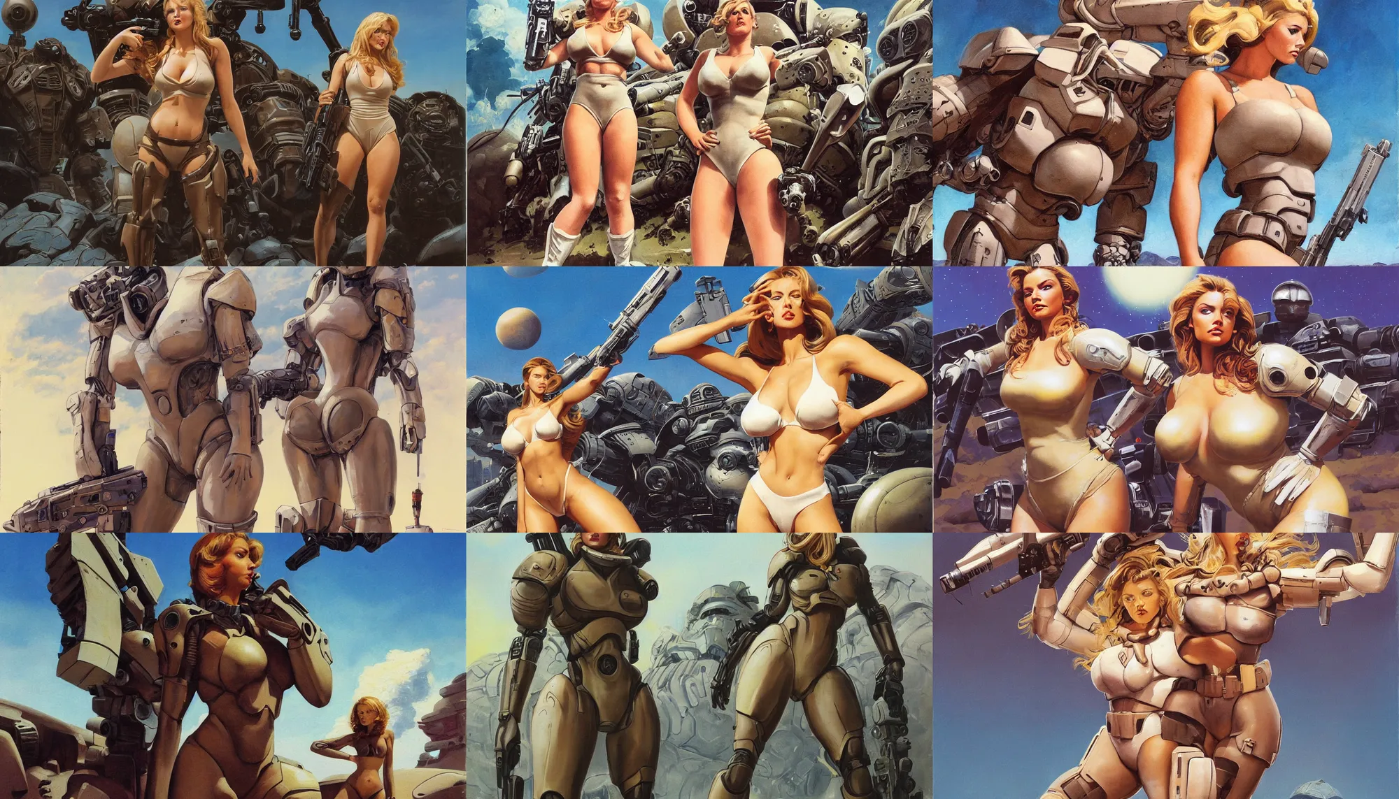 Prompt: A mixed media portrait painting of a very beautiful light-brown-haired woman on an alien planet, very curvy, aesthetic! high-waisted white-bikini-armor and boots, starship-troopers-rifle, aesthetic symmetrical face and eyes, model, wet, pacific-rim-mech in background, by Frank Frazetta, Boris Vallejo, Beeple, Greg Rutkowski, Christian MacNevin, eighties pinup style, epic fantasy character art, high fantasy, CGsociety, exquisite detail, post-processing, masterpiece, cinematic