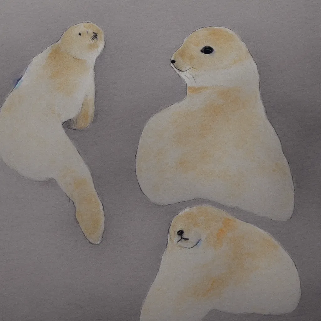 Image similar to one baby harp seal in an orange jumpsuit, sitting at the witness stand, courtroom sketch