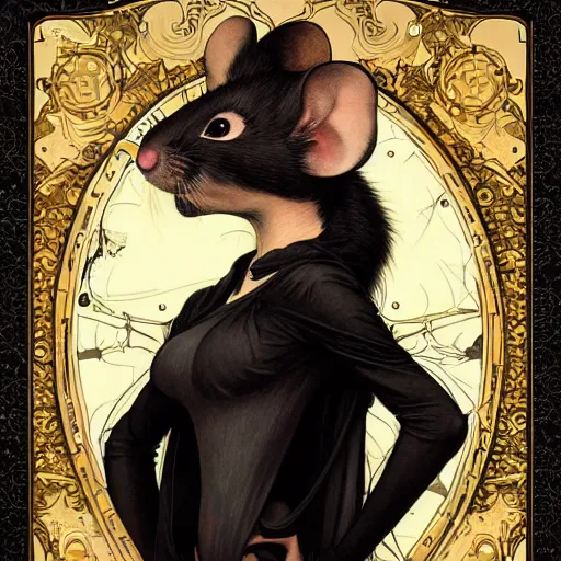 Image similar to a photograpic portrait of a anthropomorphic mouse wearing black clothes, black hair, fantasy, intricate, elegant, highly detailed, digital painting, artstation, concept art, smooth, sharp focus, illustration, art by artgerm and H R Giger and alphonse mucha