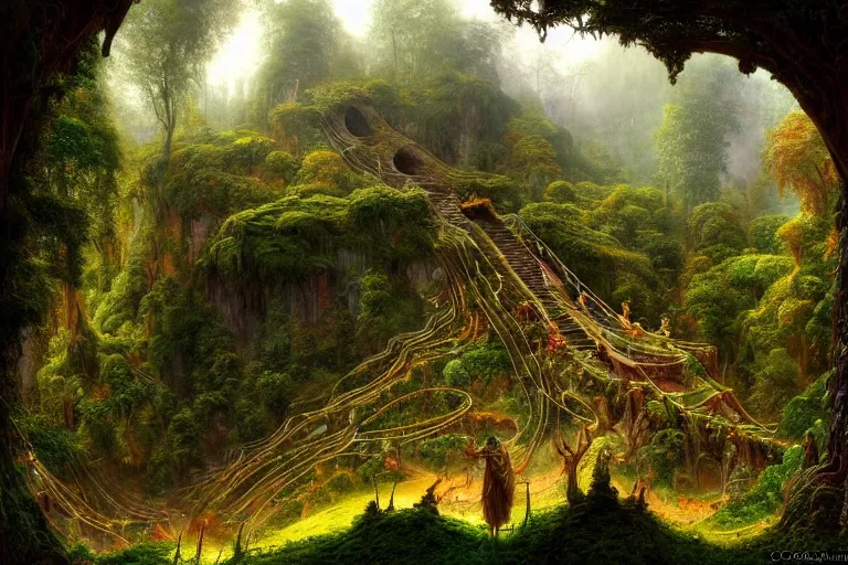 Prompt: a beautiful and highly detailed digital painting of an elven construction in a lush valley in the misty mountains, psychedelic patterns, intricate details, epic scale, 8 k, sharp focus, photorealism, artstation, cgsociety, by caspar friedrich, albert bierstadt, james gurney, brian froud,