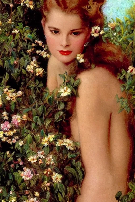 Image similar to A young and extremely beautiful Grace Kelly explaining the birds and the bees in the style of Gaston Bussière, art nouveau, art deco, surrealism. Extremely lush detail. Perfect composition and lighting. Very surreal flowers and animals and setting. Sultry.