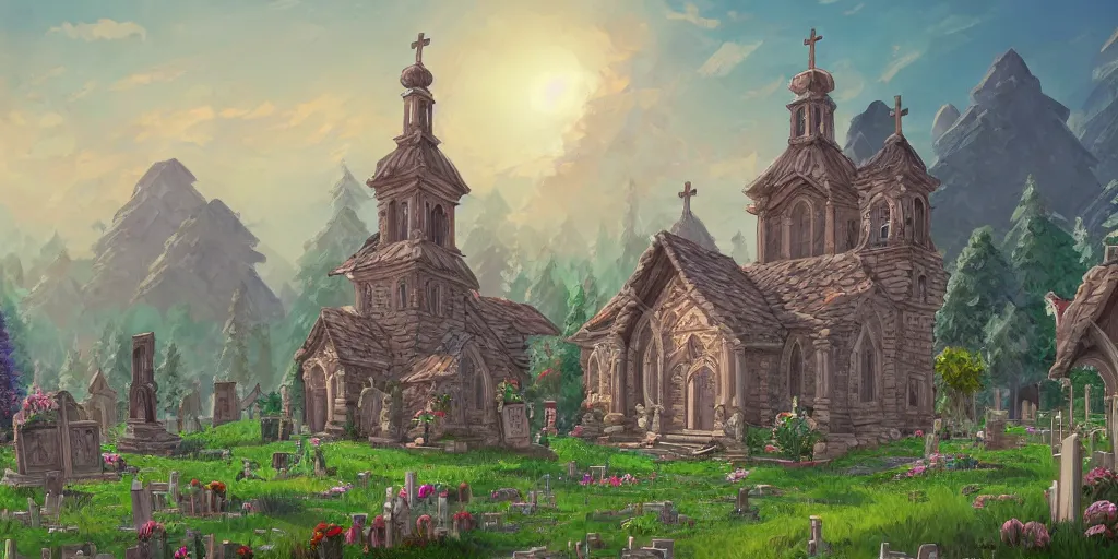 Prompt: Beautiful detailed high quality illustration of an old Slavic church, vivid small village on background, elegant cemetery on foreground, a lot of Slavic carvings and decor elements::vibrant summer, romantic mood, morning sunlight::art by Ghibli Studio, League of Legends, Arcane, Wild Rift, trending on artstation