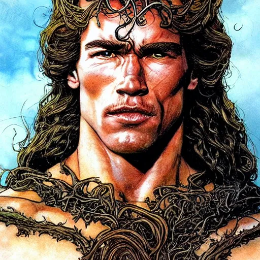 Image similar to a realistic, very beautiful and atmospheric portrait of young arnold schwarzenegger as a druidic warrior wizard looking at the camera with an intelligent gaze by rebecca guay, michael kaluta, charles vess and jean moebius giraud