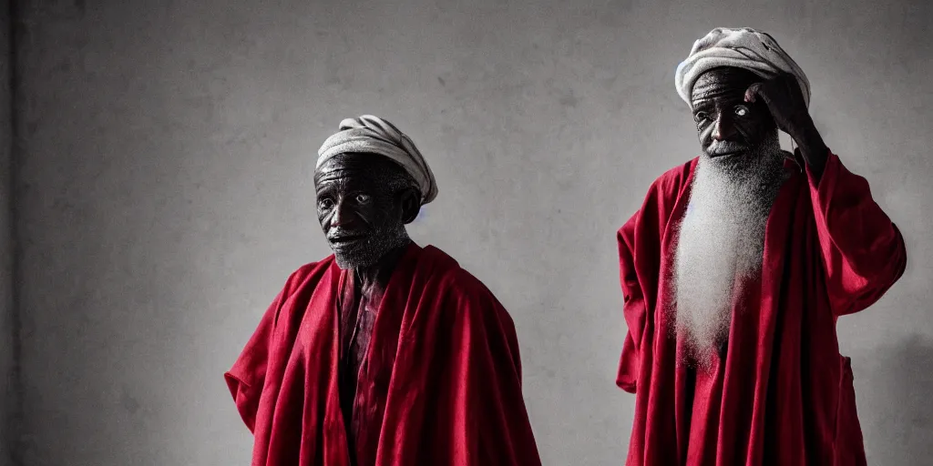 Image similar to a cinematic portrait of an old african man dressed in leather robes, in a small brilliant white prison cell, red color theme, dust storm, annie leibovitz and zack snyder, 8 k, hd, high resolution, 8 5 mm, f / 1. 8