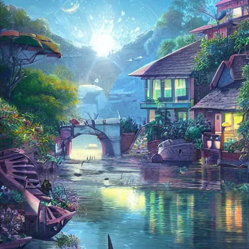 Image similar to Beautiful happy picturesque charming sci-fi town in harmony with nature. Beautiful light. Water and plants. Nice colour scheme, soft warm colour. Beautiful detailed artistic painting by Vincent. (2022)