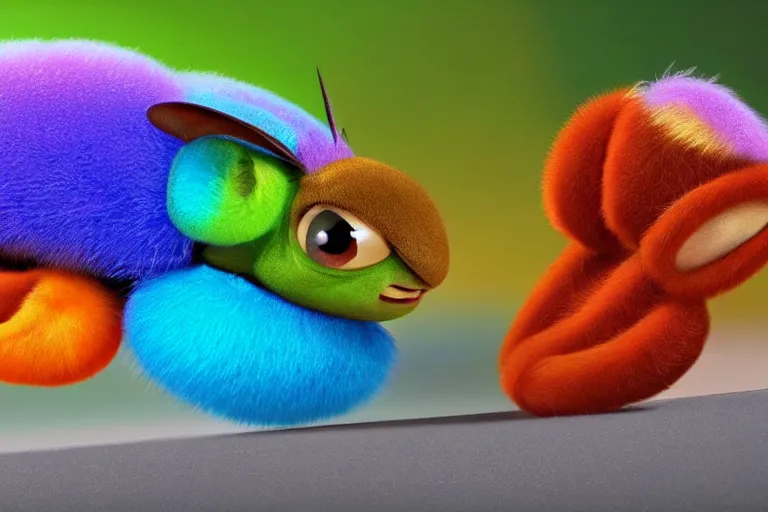 Image similar to disney pixar's a bug's life, cgi caterpillar colorful, furry caterpillar