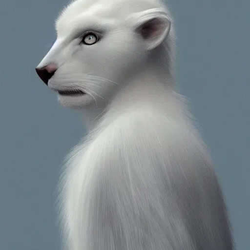 Prompt: portrait of a white panter with a very long fur, fantasy, trending on artstation, heroic pose, highly detailed picture, simple, 8k