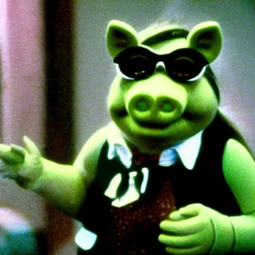 Image similar to movie still of miss piggy starring as trinity in the matrix 1 9 9 9 movie