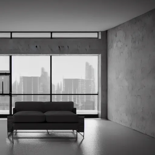 Image similar to brutalist open living room, big windows, showing city landscape on background, minimalist architecture, minimalist furniture, octane render, high quality, 8 k, post production