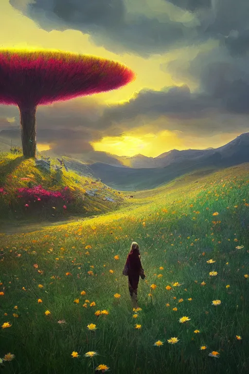 Image similar to giant daisy flower head, walking in the mountains, surreal photography, sunrise, dramatic light, impressionist painting, colorful clouds, digital painting, artstation, simon stalenhag