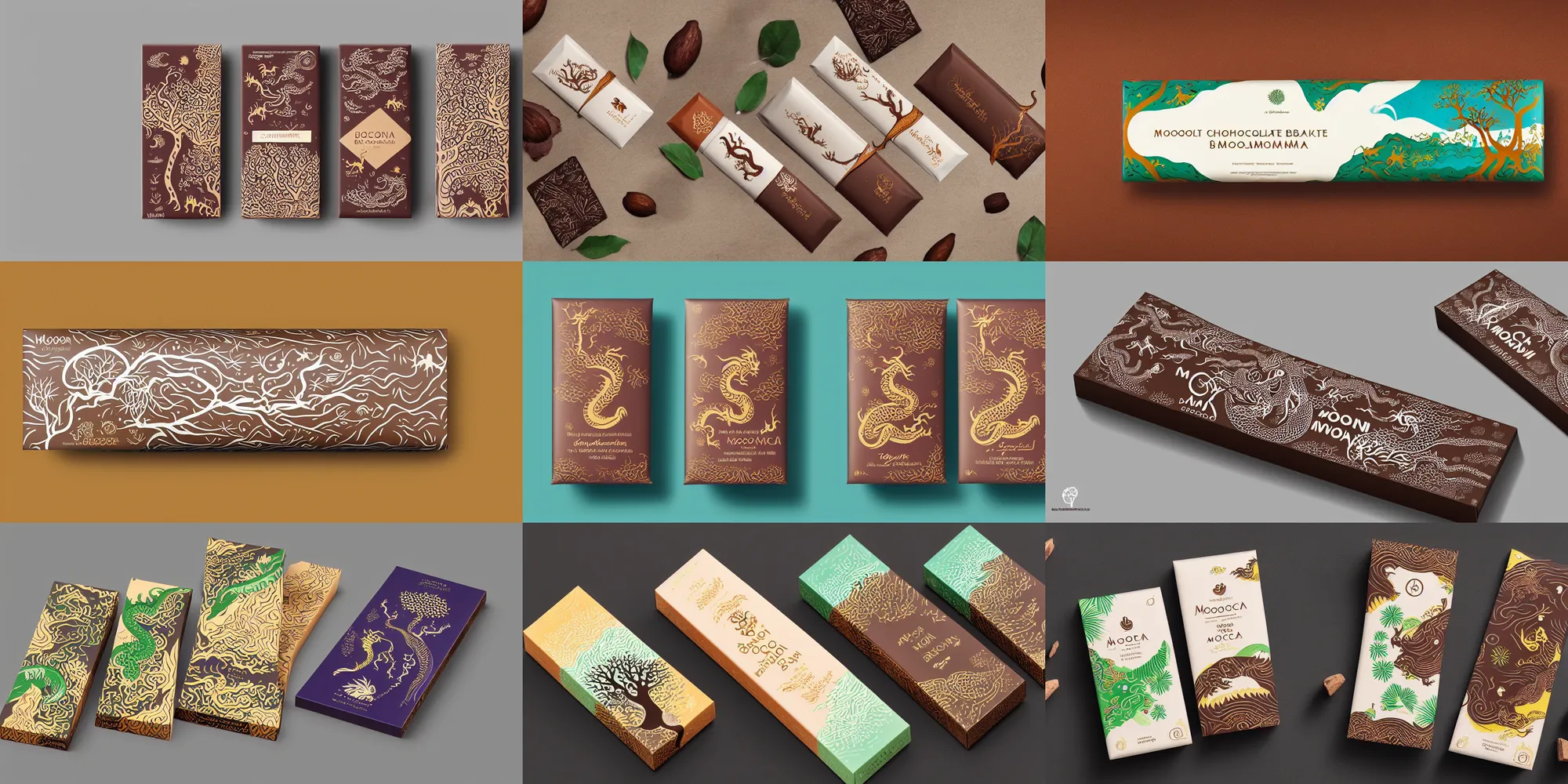 Prompt: conceptual designer chocolate bar packaging, inspired by moonlit socotra island with dragon trees, midsommar color theme, kerala motifs, label design, behance, pinterest, packaging of the world, award, front label, smooth, premium quality packaging design, octane render