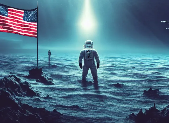 Image similar to astronaut holding a flag in an underwater desert. a submarine is visible in the distance. dark, concept art, cinematic, dramatic, atmospheric, 8 k, trending on artstation, blue, fish, low visibility, fog, ocean floor, christopher nolan, interstellar