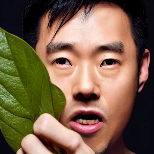 Image similar to an award winning cinematic still of surprised Justin Sun with extremely long wooden nose with leaf, 16k hyper realistic photograph, close-up professional portrait, centered, dramatic lighting