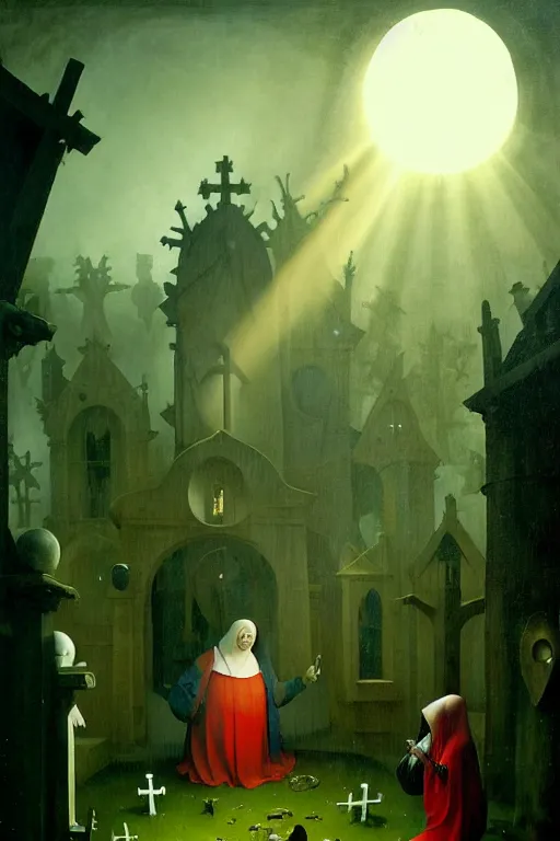 Image similar to hieronymus bosch, greg rutkowski, anna podedworna, painting of a fat white blob person with red hair, god rays, wide shot of a graveyard lit by spooky green lights