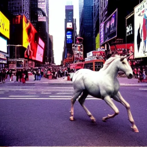Image similar to a vivid photo of a unicorn galloping through times square in the 8 0 s