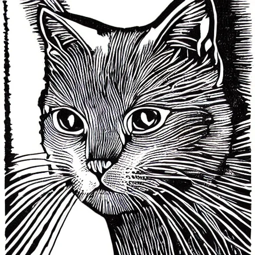 Prompt: cat linocut print by Julie de Graag