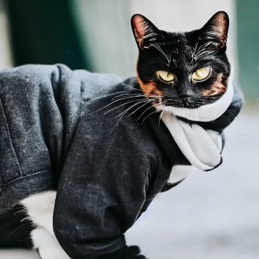 Prompt: an cat wearing a black buttoned jacket with a white scarf