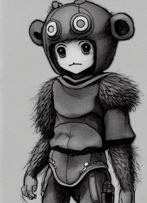 Image similar to beautiful little boy wearing an cyborg bear suit, artwork in kentaro miura and made in abyss and rosdraws, smooth, beautiful lightness, anatomically correct, trending on pixiv, forest