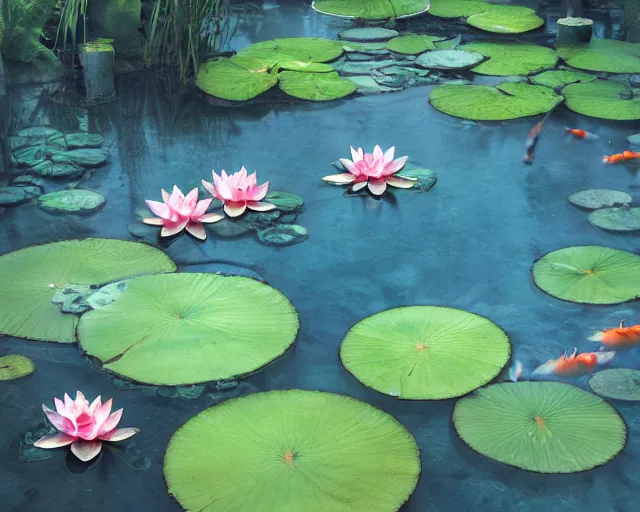 Prompt: koi pond, lotus flowers, dark blue water, green lily pads, goldfish, a fantasy digital painting by makoto shinkai and greg rutkowski, trending on artstation,