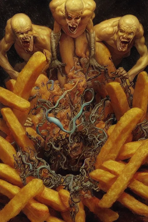 Prompt: a box of mcdonalds fries in the style of wayne barlowe, gustav moreau, goward, bussiere, roberto ferri, santiago caruso, luis ricardo falero, austin osman spare