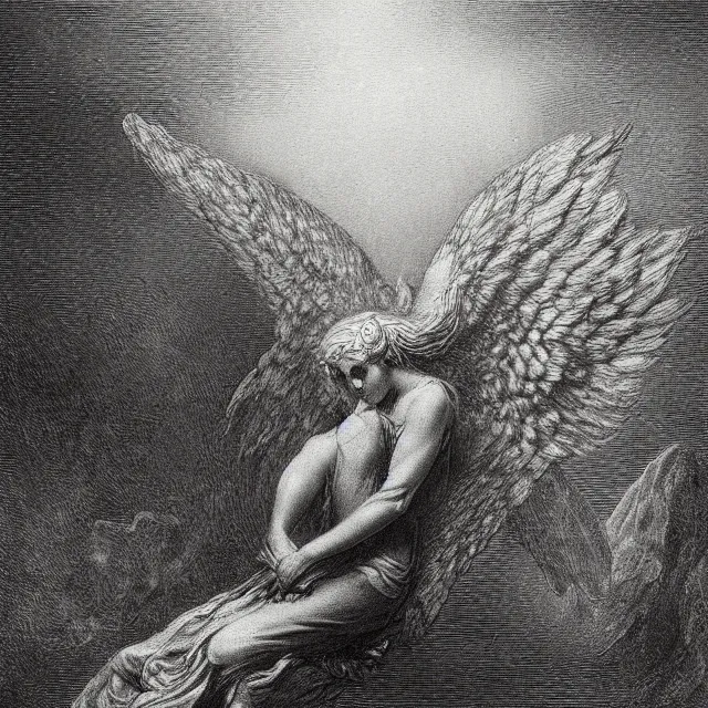 Image similar to fallen angel, pencil illustration by Gustave Dore