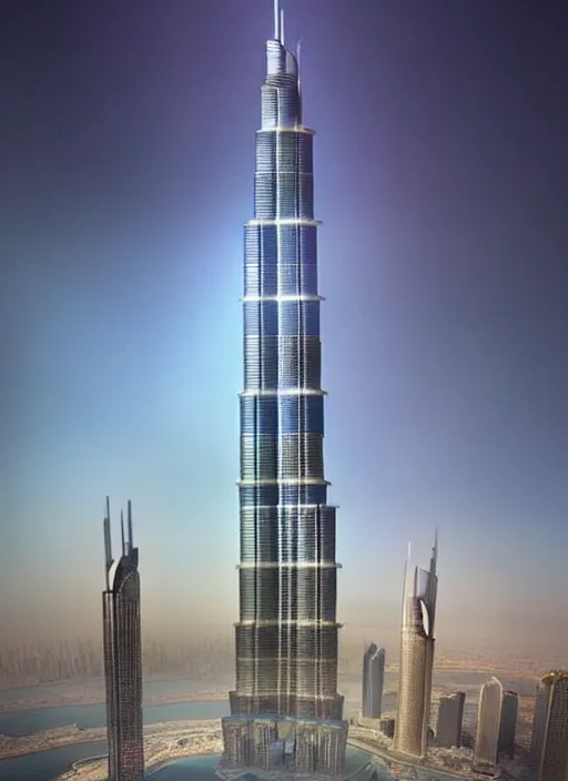 Prompt: a giant ring surrounds burj khalifa 5 5 0 meters above ground in stunning new concept design in a scenic environment by artgerm, and hildebrandt, trending on artstation, concept art, sharp focus, illustration