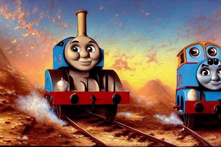 Prompt: thomas kinkade painting of thomas the tank engine in desert storm 1 9 9 0