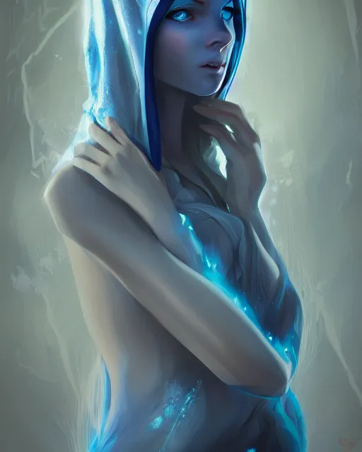 Image similar to A beautiful mysterious girl with hooded cobalt-blue eyes and silky white hair, guitar shape build, her wardrobe is attractive, full body, fantasy art, in the style of Frank Neidhardt, illustration, epic art, fantasy, intricate, elgant, amazing detail, digital painting, artstation, concept art, smooth, sharp focus