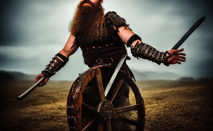 Image similar to old vintage full body photo of ancient viking warrior with full beard riding on the complex vintage punk engine with one wheel, extreme sports photography ,super high speed photography, dynamic photography,symmetrical face, clean face, muscular body, high speed,dirt and grawel in air, lens flares, dust partiles in the air, dramatic lighting, intricate, highly detailed, centered, smooth, sharp focus, sports photography, old photo, black and white, sepia, cinematic lighting, cinematic angle, national geographic