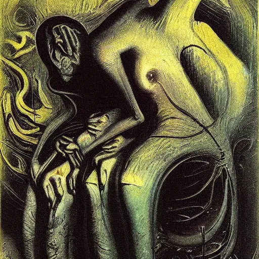 Image similar to a dream by giger, jorodowski, dali, van gogh, Albert Briesbardt