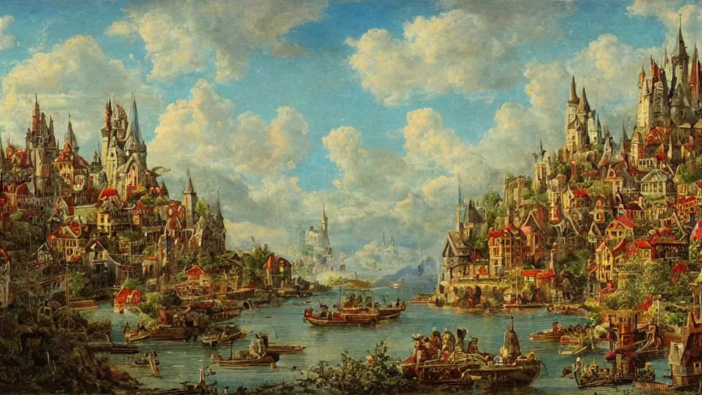 Image similar to an old enchanted fantasy town, viewed from the harbor, by jean - baptist monge,