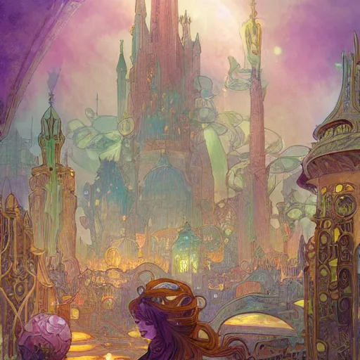 Prompt: a beautiful stunning fantasy whimsical matte digital storybook watercolor painting a cityscape of the underwater city of Atlantis, art nouveau, bubbles splash shells fish details, pastel color palette, by Alphonse Mucha and Tyler Edlin, trending on artstation hq