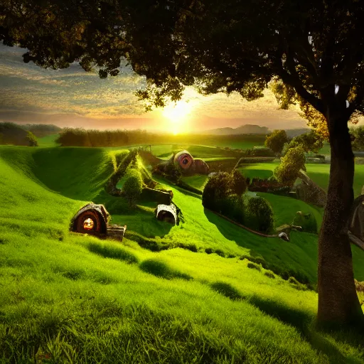 Image similar to sunrise, green hills, spring, shire, hobbiton landscape by levitan, masterpiece, trending on artstation, cinematic composition, beautiful lighting, sharp, details, hyper - detailed, hd