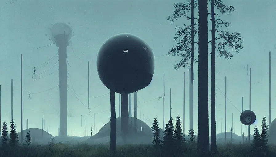 Prompt: space antenna in the foreground, sun in the sky, early morning, forest in the background, simon stalenhag