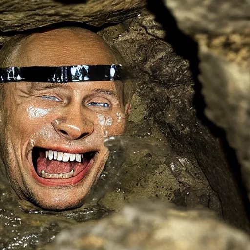 Image similar to photo inside a cavern of a wet reptilian humanoid rapper putin partially hidden behind a rock, with black eyes, open mouth and big teeth