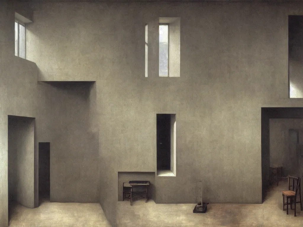 Prompt: Brutalist interior of an crazy imaginative sculptor studio. Painting by Vilhelm Hammershoi, Rene Magritte, Caravaggio