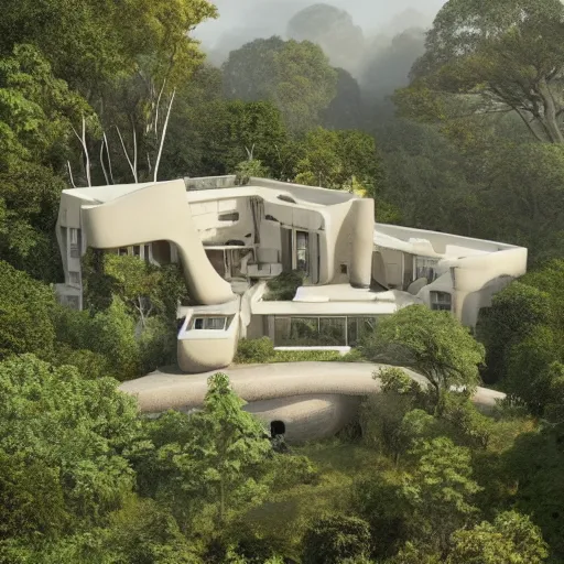 Prompt: beige house with big central garden, on a hill surrounded by big trees, dramatic lighting, artstation, matte painting, raphael lacoste, simon stalenhag, frank lloyd wright, zaha hadid, drone view