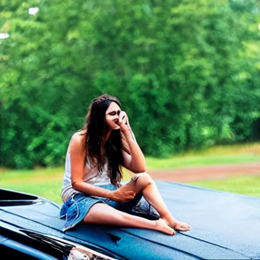 Prompt: “ barefoot girl sitting on the hood of a car drinking a beer in the summer rain ”