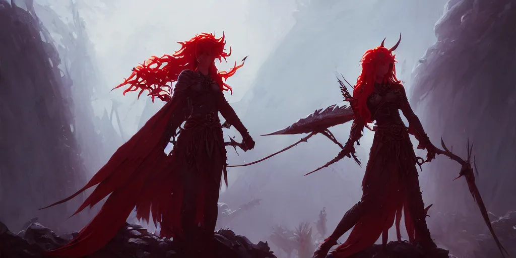 Image similar to Red headed elven priestess exorcises the Undead King. In style of Greg Rutkowski, Jesper Ejsing, Makoto Shinkai, trending on ArtStation, fantasy, great composition, concept art, highly detailed, scenery, 8K, Behance.