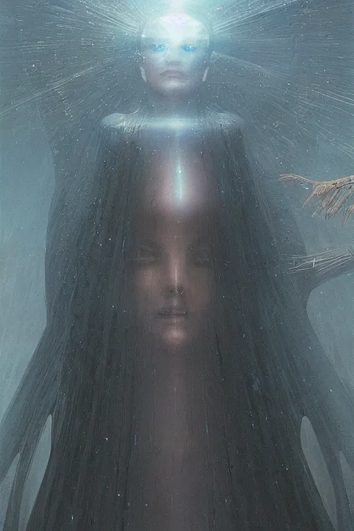 Image similar to godess of artificial intelligence floating above the humanity, sharp focus, by rozalski, by wayne barlowe, cinematic, cinematic shot, megalophobia