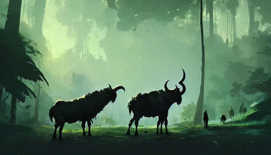 Prompt: ismail inceoglu and jama jurabaev's concept art, cel shadow, film shooting, trends on artstation, high quality, brush strokes, bright colors, giant demon goat skull in mysterious rainforest