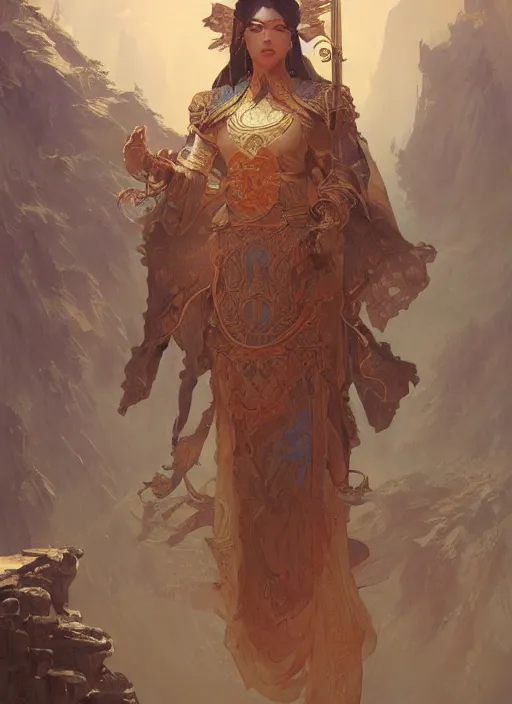 Image similar to xianxia hero, epic, fantasy, orientalist, intricate, elegant, highly detailed, digital painting, artstation, concept art, matte, sharp focus, illustration, art by greg rutkowski and alphonse mucha