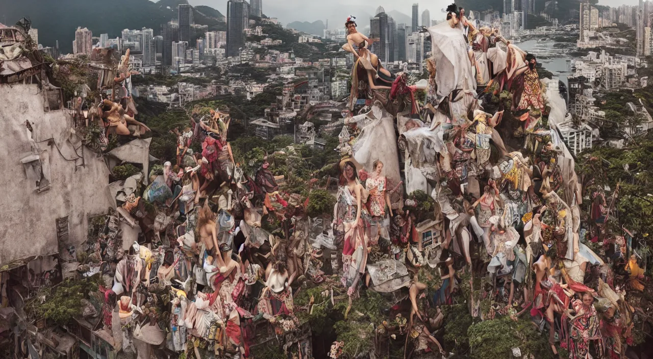 Image similar to fashion editorial by jimmy nelson. on a roof. in hong kong