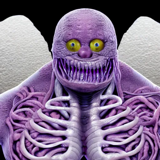 Image similar to Grimace with transparent skin and you can see the intestines and lungs underneath