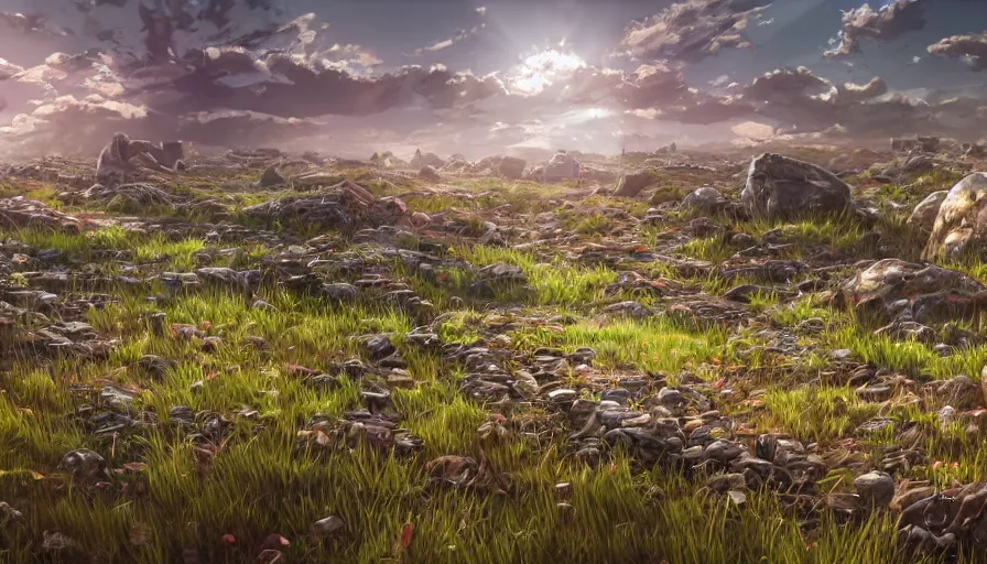 Prompt: the beautiful, chilling, mundane view of a field after war filled with corpses and rocks. hyperrealistic anime background illustration, colorful, extremely detailed intricate linework, smooth, super sharp focus, bright colors, high contrast, matte, octopath traveler, unreal engine 5 highly rendered, global illumination, radiant light