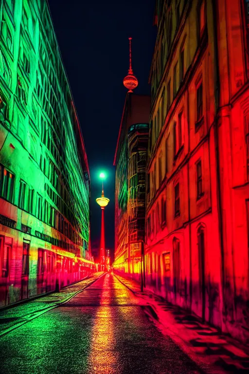 Image similar to neon streets of berlin, 4 k, award winning photo