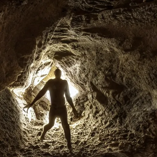 Prompt: photo inside a cavern of a humanoid partially hidden in the shadows with wet lizard skin and a mouth with sharp tooth and black eyes