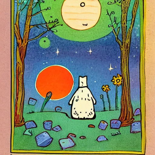 Prompt: a page from a hand illustrated storybook about moomintroll seeing the stars at night on a peaceful summers eve