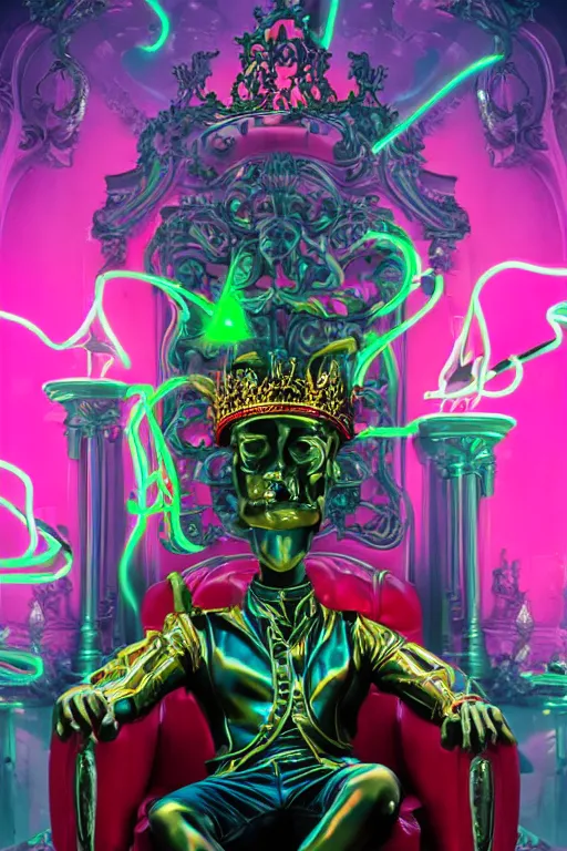 Prompt: full-body rococo and cyberpunk style neon statue of a muscular attractive Cubano sim roupa macho dotado e rico android sim roupa reclining con las piernas abiertas e la piroca dura e afuera, glowing red laser eyes, prince crown of red gears, diamonds, swirling black-colored silk fabric. futuristic elements. full-length view. aggressive space robots. giant balloon animals. human skulls. intricate artwork by caravaggio. Trending on artstation, octane render, cinematic lighting from the right, hyper realism, octane render, 8k, depth of field, 3D