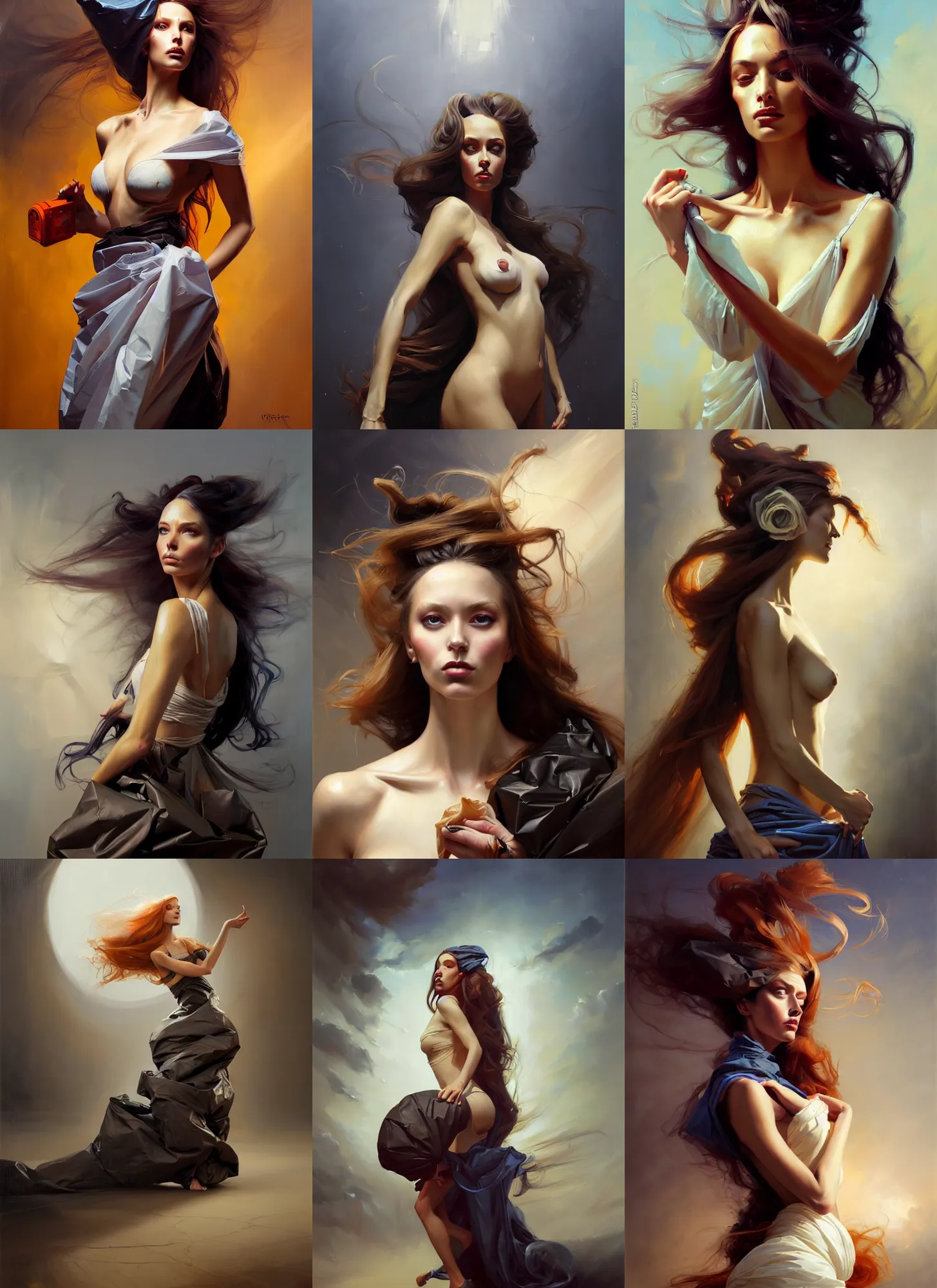 Image similar to fine art portrait oil painting of a beautiful woman with long hair wearing a garbage bag for clothes, perspective, ultra detailed, elegant, intricate, dynamic lighting, hyperrealism, sharp focus, art by peter mohrbacher and greg manchess and andrei riabovitchev